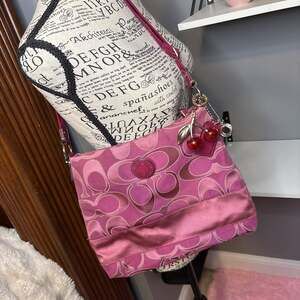 Vintage Coach Signature C Pink Canvas Crossbody Bag with Cherry Charms